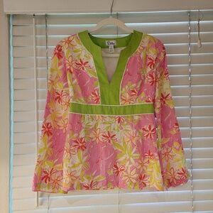 Lilly Pulitzer Linen Top Garden Vista Size XS Pink Green Floral Long Bell Sleeve